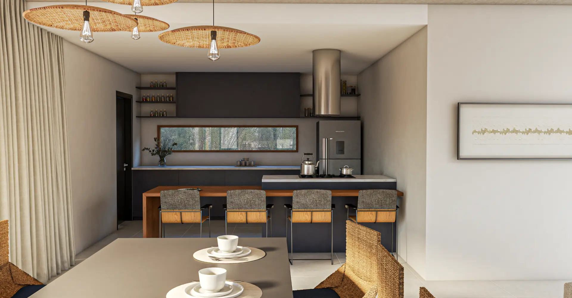 Cozinha com ilha, bancada em madeira e luminárias em fibra natural