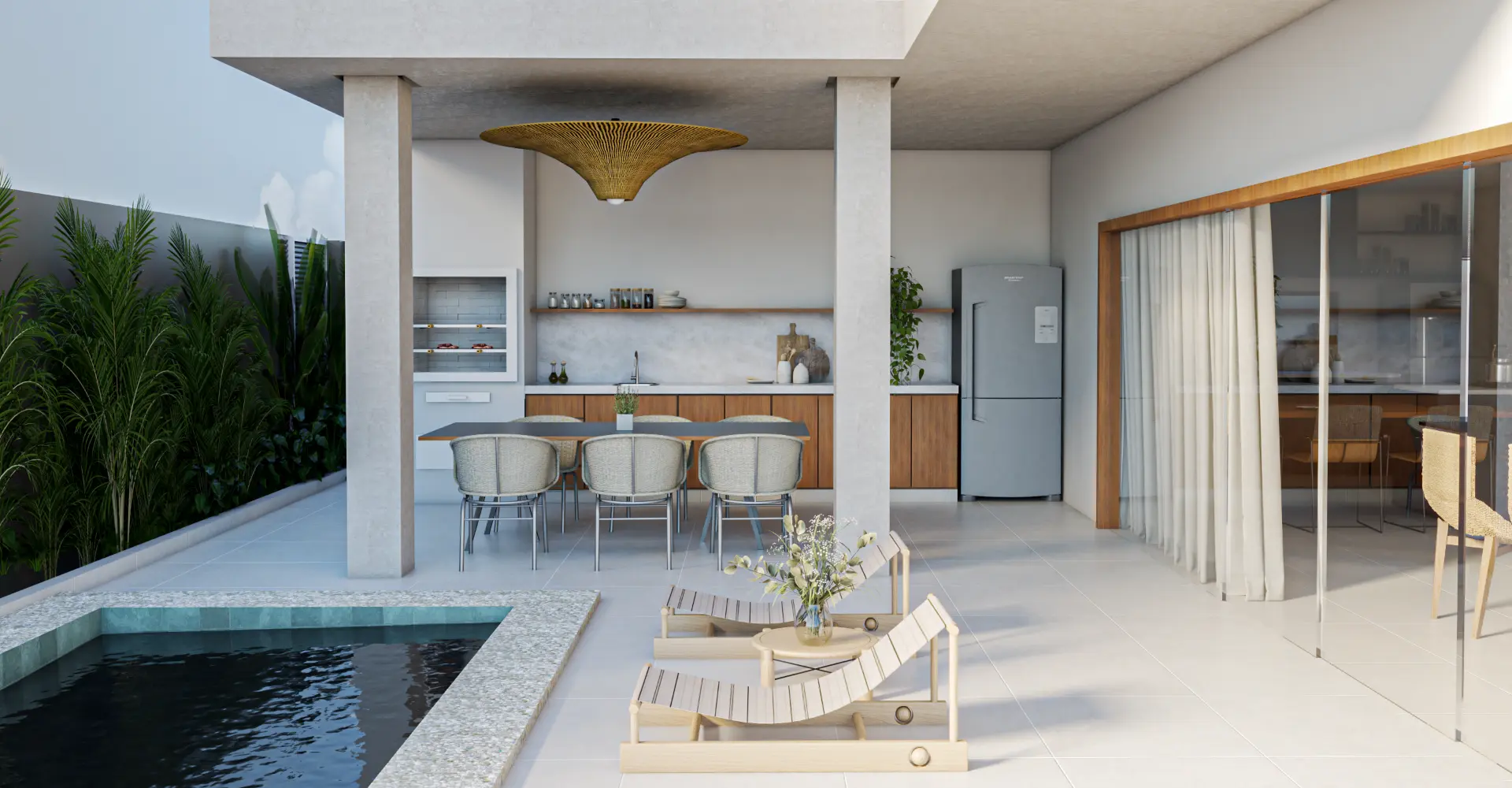 Piscina, espaço gourmet e estar ao ar livre integrados
