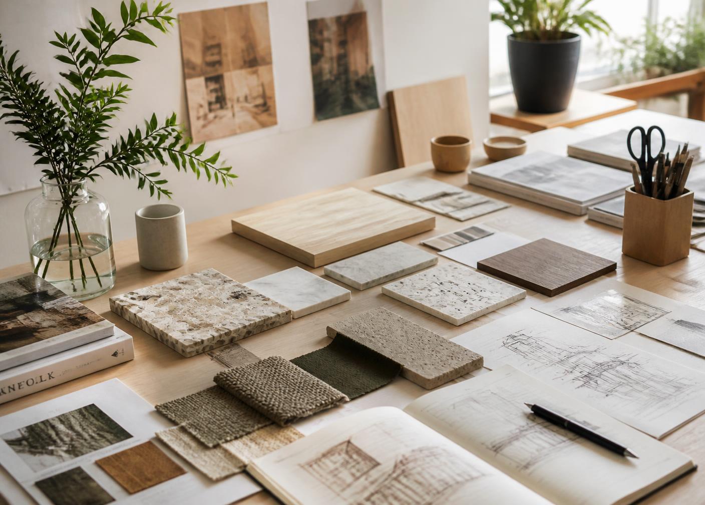 Mesa do estúdio com amostras de materiais naturais e desenhos